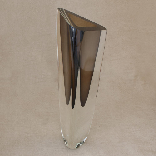 Triangular Grey Art Glass Vase from Brazil 15 Inch 'Smoky Triangle'