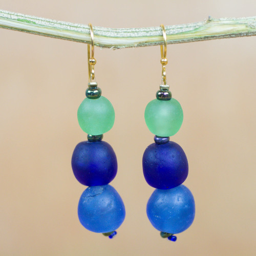 Recycled Glass and Plastic Beaded Earrings from Ghana 'Blue Novelty'