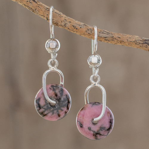 Round Rhodonite Dangle Earrings from Guatemala 'Wheels of Fortune'