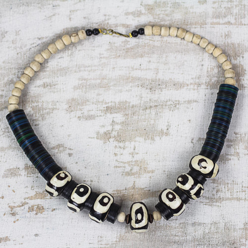 Black and White Bone and Sese Wood Beaded Necklace 'Abstract Opulence'