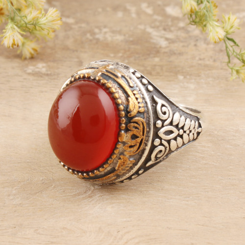Red-Orange Onyx Domed Ring Crafted in India 'Fiery Allure'