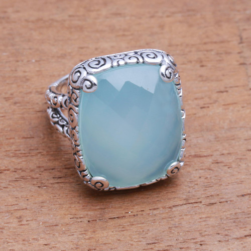 15-Carat Blue Chalcedony Cocktail Ring from Bali 'Buddha's Curl Bliss'
