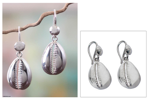 Hand Crafted Sterling Silver Dangle Earrings from Africa 'Abundant Cowrie'