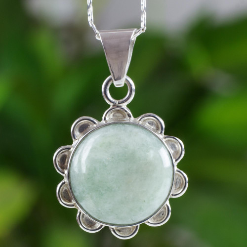 Light Green Jade in Sterling Silver Flower Necklace 'Solar Apple Flower'