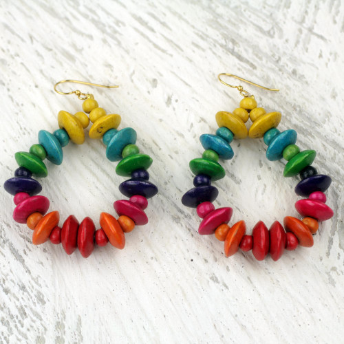 Colorful Fair Trade Beaded Wood Dangle Earrings from Ghana 'Joyous Celebration'