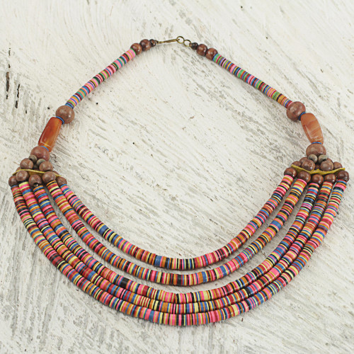 Artisan Multicolor Bead Necklace with Wood Agate and Leather 'Multicolor Wend Panga'