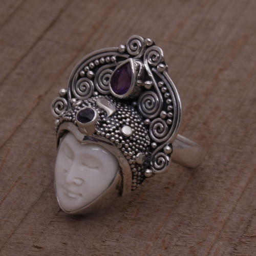 Amethyst and Sterling Silver Face Cocktail Ring from Bali 'Janger Crown'