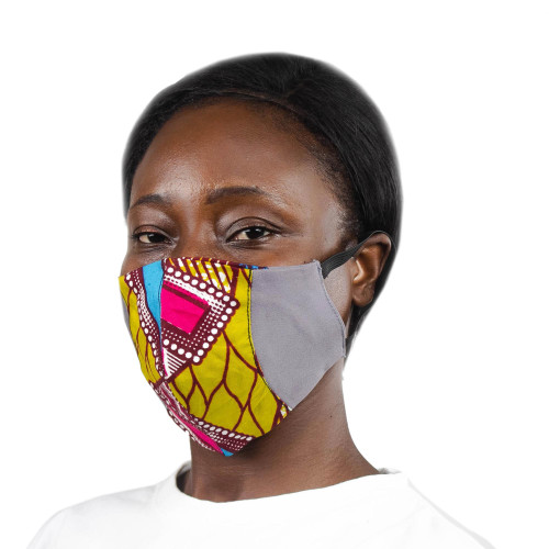 Grey Ghanaian Cotton Patchwork 2-Layer Ear Loop Face Mask 'Bold Colors'