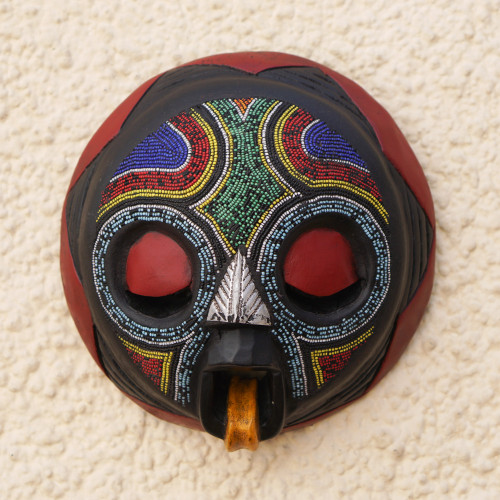 African Beaded Wood Mask Original Artisan Design 'Asomdwoe II'