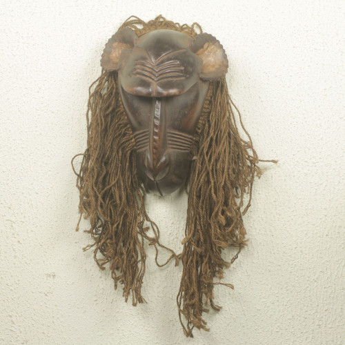 Unique Hand Carved Wood and Jute African Monkey Mask 'Baule Gbekre II'