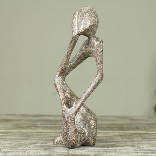 Hand-Carved and Painted Abstract Father and Child Sculpture 'Thoughtful Father'