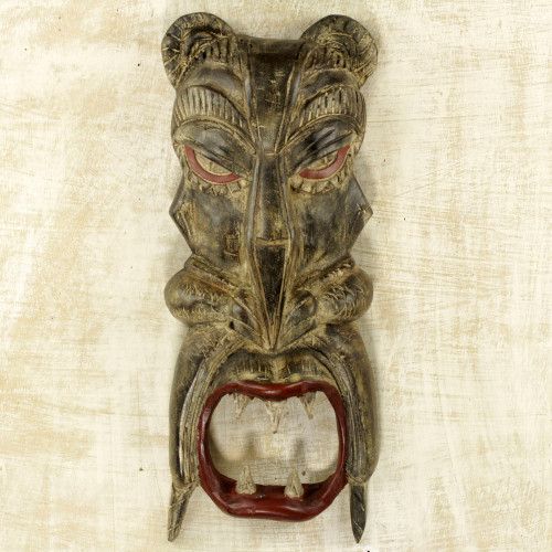 Hand Carved Wood African Tiger Mask from Ghana 'Teeth of the Tiger'