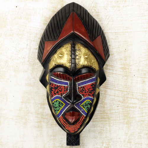 Hand Carved Sese Wood and Brass Wall Mask from West Africa 'Ayomide II'