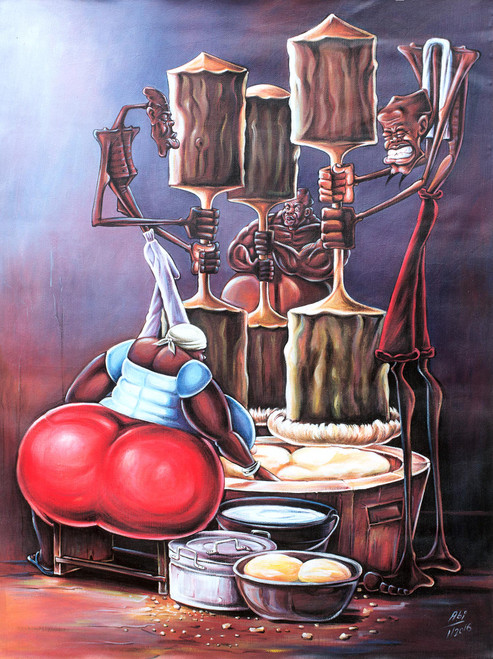 Acrylic Surrealist Painting of a Cultural Scene from Ghana 'Sunday Special'