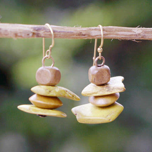 Sese Wood Coconut Shell and Plastic Earrings from Ghana 'African Monolith'