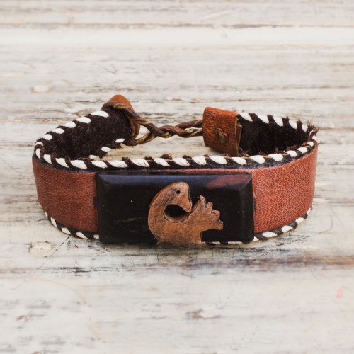 Ebony Wood and Leather Adinkra Cuff Bracelet from Ghana 'Charming Sankofa'