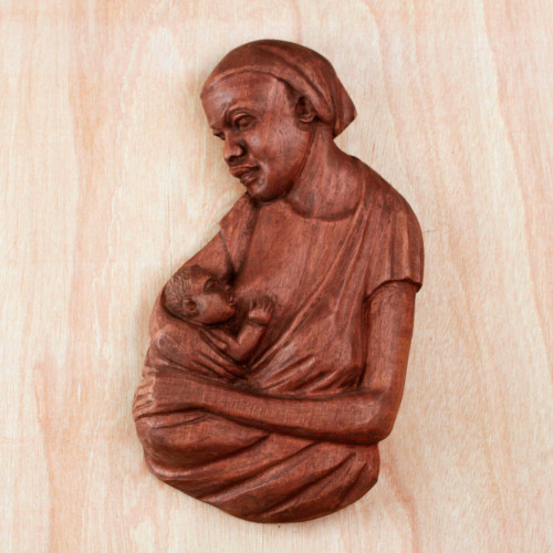 Teakwood Mother and Child Relief Panel from Ghana 'Breastfeeding I'