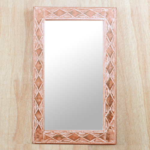 Diamond Motif Brass and Sese Wood Mirror from Ghana 'Pink Diamonds'