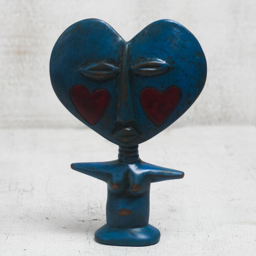 Handcrafted Sese Wood Fertility Doll in Blue from Ghana 'Blue Lover'