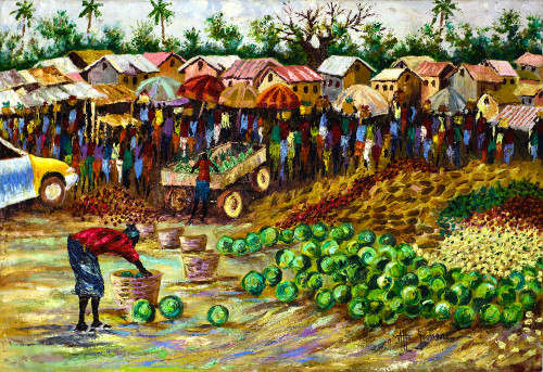 Ghanaian Oil Painting of Village Market Scene - Unstretched 'Market Side'