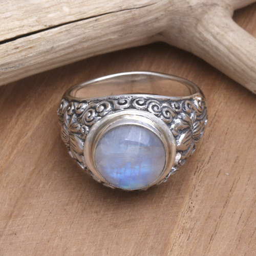 Rainbow Moonstone and Sterling Silver Ring from Bali 'Sacred Lotus'
