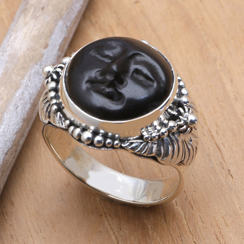 Hand Crafted Ebony Wood and Silver Cocktail Ring 'Amun Ra'