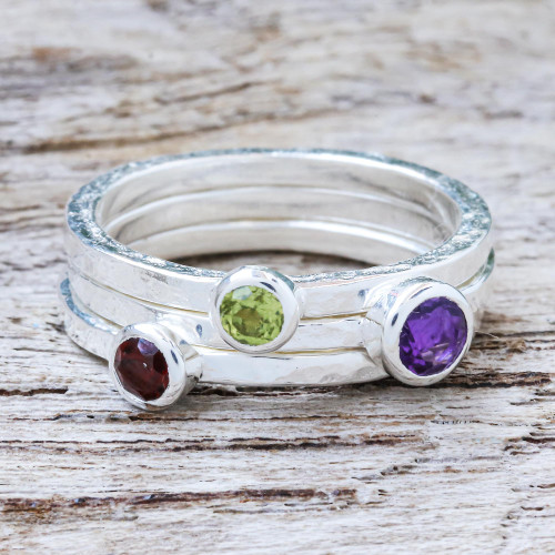 Handcrafted Amethyst and Garnet Stacking Rings Set of 3 'Spring Color'