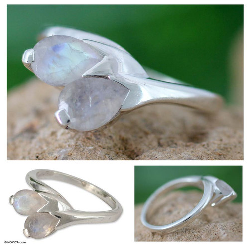 Moonstone and Sterling Silver Ring from India Modern Jewelry 'Rose of Passion'