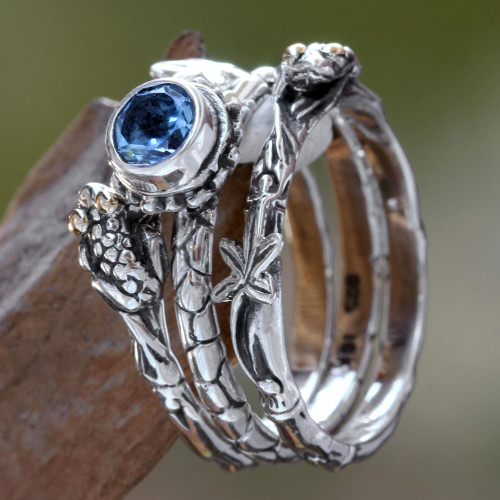 Blue Topaz and Sterling Silver Stacking Rings 'Tree Frog'