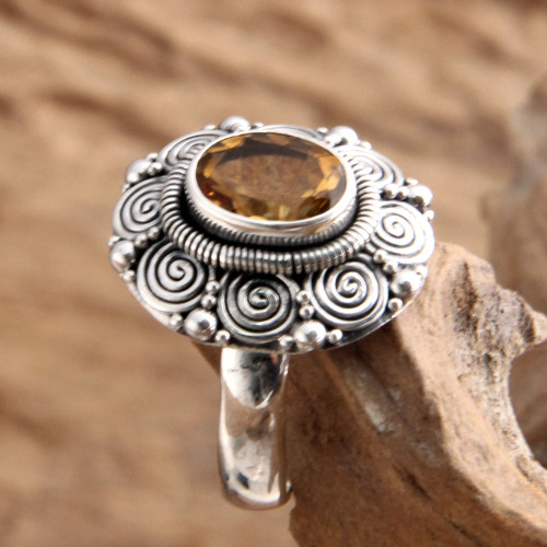 Indonesian Sterling Silver and Citrine Cocktail Ring 'Balinese Sunflower'