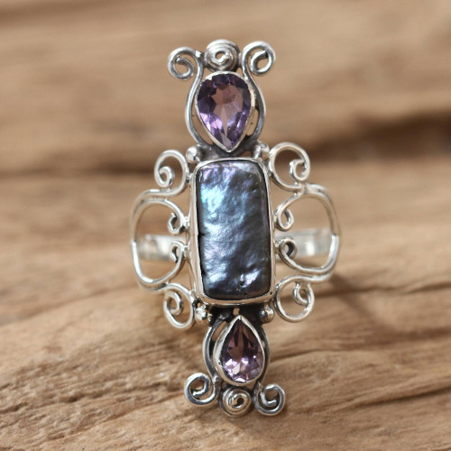 Pearl and Amethyst Silver Cocktail Ring 'Lavender Myths'
