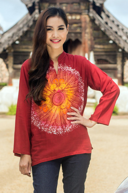 Women's Handcrafted Red Cotton Batik Tunic 'Red Flower Power'