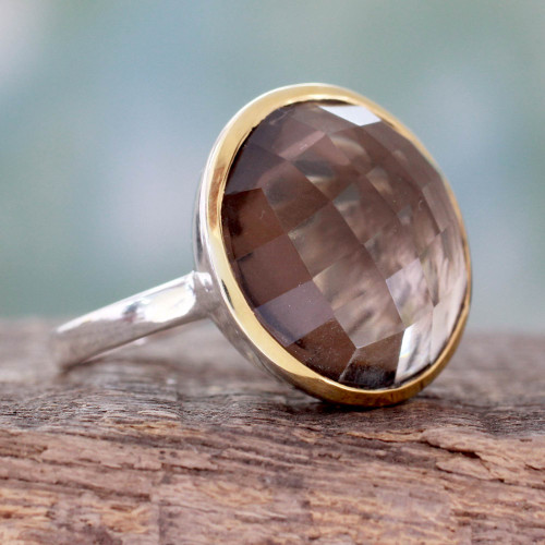 Smoky Quartz Cocktail Ring in Sterling with 18k Gold Accent 'Dreamy Allure'