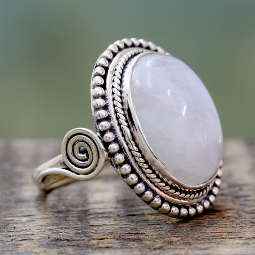 India Sterling Silver Cocktail Ring with Rainbow Moonstone 'Rainbow Glow'