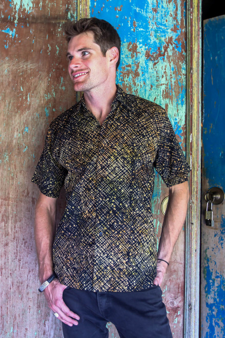 Hand Dyed Batik Short Sleeve Shirt for Men from Bali 'Night Starfield'