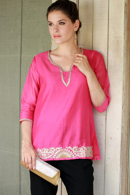 Elegant Bright Pink Tunic in a Cotton and Silk Blend 'Jaipuri Masala'