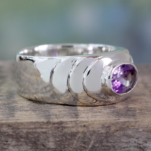 Polished Sterling Silver Band Ring with 1.5 Carat Amethyst 'Purple Splash'