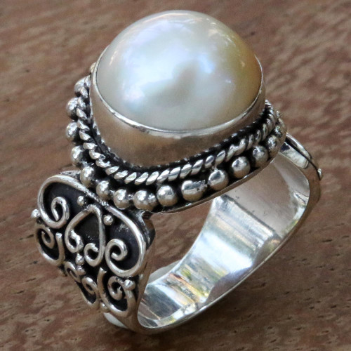 White Mabe Pearl Cocktail Ring in Sterling Silver Setting 'Purely White'