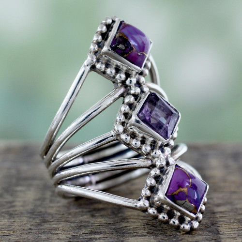 Amethyst and Reconstituted Turquoise Handmade Cocktail Ring 'Purple Allure'