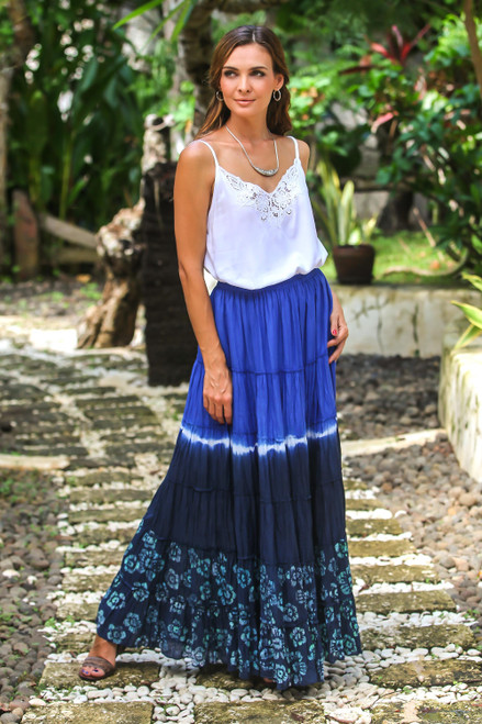 Tie-Dyed Cotton Skirt in Royal Blue and Black Thailand 'Boho Batik in Royal Blue'