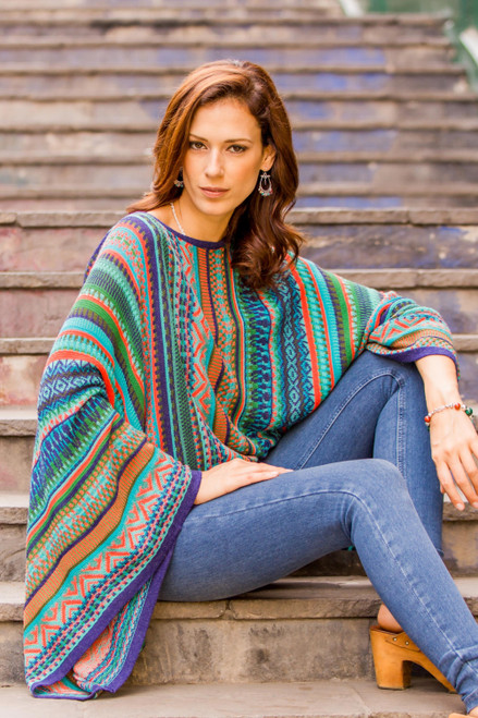 Bohemian Knit Sweater from Peru in Turquoise Stripes 'Lima Dance'