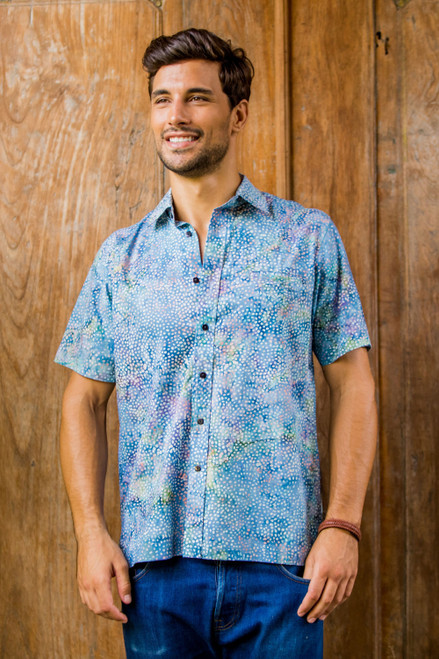 Men's Short Sleeved Button Up Shirt from Indonesia 'Pebble Road'