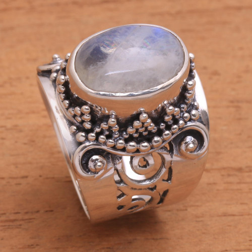 Rainbow Moonstone and Sterling Silver Single Stone Ring 'Glorious Vines'