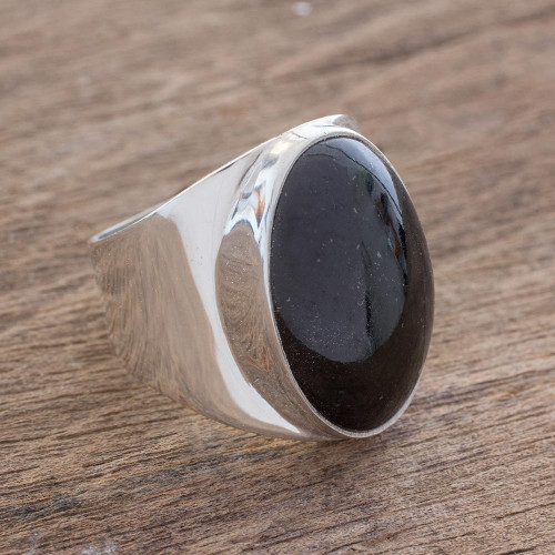 Handmade Black Jade Men's Ring from Guatemala 'Truth and Life in Black'