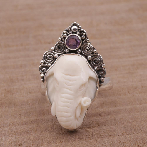 Polished Sterling Silver Ring with Elephant and Amethyst 'Elephant Grandeur'