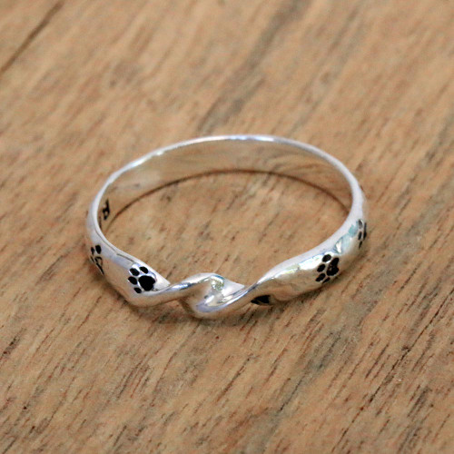 Sterling Silver Band Ring with Paw Print Motifs from Bali 'Animal Twist'