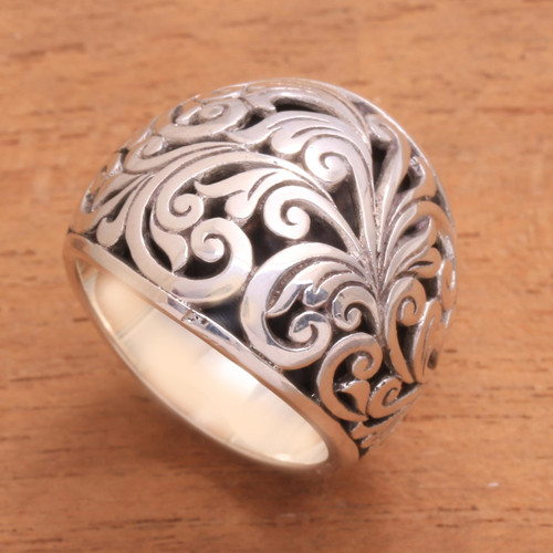 Handcrafted Sterling Silver Swirling Vine Forest Domed Ring 'Sunda Forest'