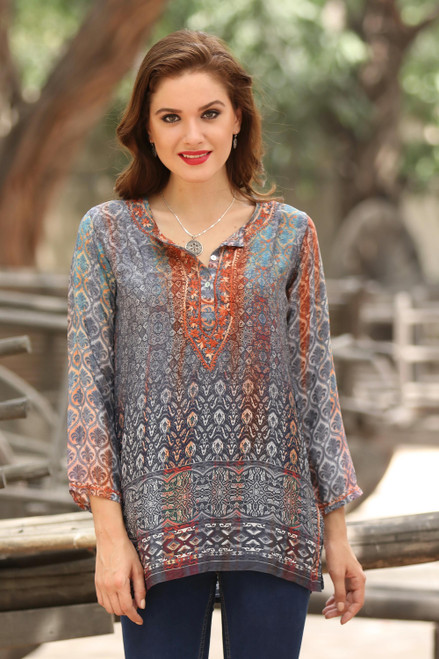 Block-Printed Cotton Tunic from India, 'Mughal Glory