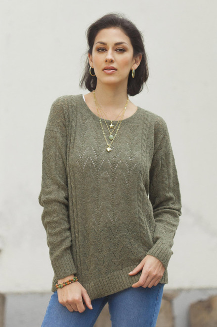 Cable Knit Baby Apaca Blend Pullover in Olive from Peru 'Warm Charm in Olive'