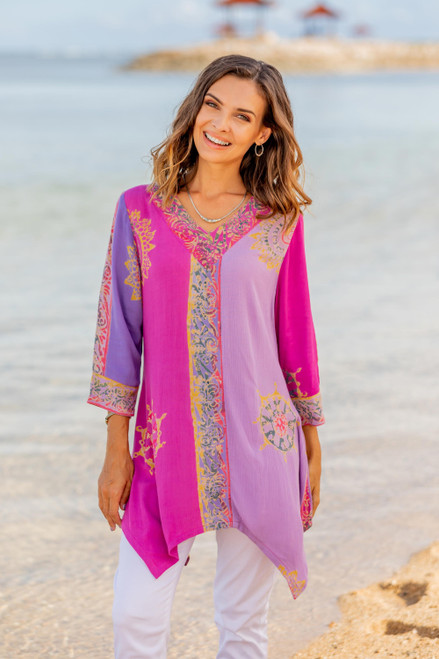 Fuchsia and Purple Batik Rayon Tunic from Bali 'Balinese Twilight'